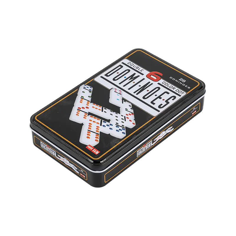 Double Six Dominoes with Black Iron Box in Family Gathering